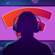 A person stares at a bright pink TV with the Stadia logo on it.